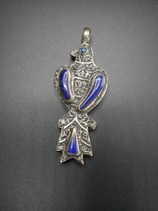 Pendentif Afghan d'oiseau en lapis lazulis et argent