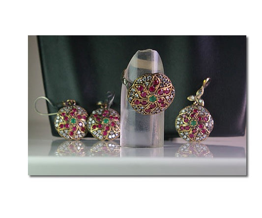Parure boucles bague pendentif en pierres semi precieuses de creation
